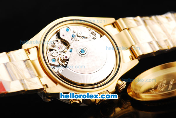 Rolex Daytona Swiss Valjoux 7750 Chronograph Movement Full Gold with Black Subdials and White Stick Marker - Click Image to Close
